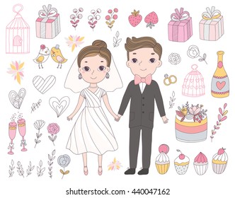 Wedding vector set. Cute bride and groom illustration. Cartoon food and objects - cupcakes, cake, birds, flowers, cage, champagne bottle, gifts, rings.