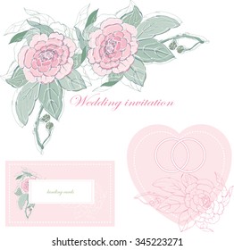 Wedding vector set with pink peony for celebration design