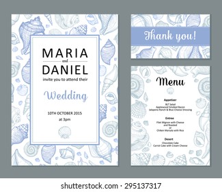  Wedding vector set with seashell. Invitation, guest card, menu