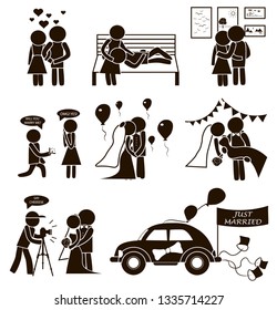 Wedding vector set stick figure Just Married. Man and woman love each other, go to art gallery, walk in the park. He make a proposal of marriage. Wedding photographer, car, decoration with balloons 