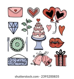 Wedding vector set. Symbols of marriage - tiered cake, heart shaped balloons, love message, kiss, gift, holiday bells. Cute bright elements isolated on white. Flat cartoon doodle clipart for print