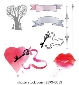 Wedding vector set of watercolor and hand drawing elements