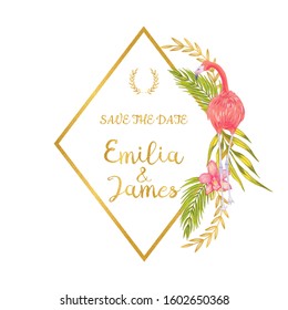 Wedding vector template with flamingo bird and tropical flowers and leaves