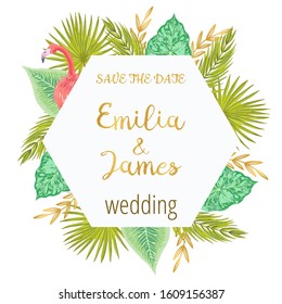 Wedding vector template with flamingo bird and tropical flowers and leaves