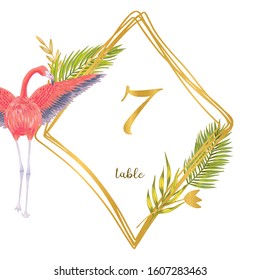 Wedding vector template for table number with flamingo bird and tropical flowers and leaves