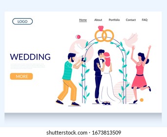 Wedding vector website template, web page and landing page design for website and mobile site development. Photographer taking photo of newlywed couple standing near wedding arch, girl releasing doves