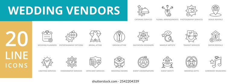 Wedding vendors icon set. Contain catering services, floral arrangements, photography, venue rentals, wedding planners, entertainment options, invitation designers, decor rentals, event coordinators