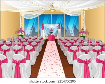 Wedding Venue With Altar And Chairs With Pink Bows. Vector Illustration