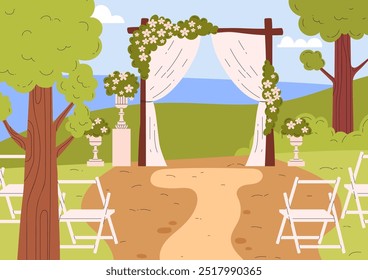 Local de casamento na paisagem da natureza. Altar de arco floral florescente com cortinas. Cena rústica para cerimônia de casamento com cadeiras. Decoração romântica com flores brancas em vaso. Ilustração vetorial