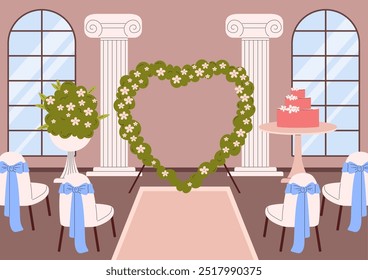 Ilustración plana de Vector de lugar de Boda. Arco floral en forma de corazón photozone, pastel nupcial. Salón de banquetes de ceremonia de matrimonio con sillas para invitados. Interior del acontecimiento del matrimonio con la decoración, ventanas del arco