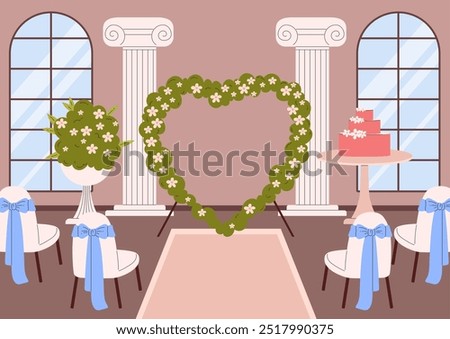 Wedding venue vector flat illustration. Floral arch heart shape photozone, bridal cake. Marriage ceremony banquet hall with chairs for guests. Matrimony event interior with decoration, arch windows