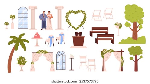 Wedding venue vector flat illustrations set. Bride and groom. Floral arch, bridal cake, flowers, trees, arch windows. Marriage ceremony banquet hall elements. Matrimony event interior decorations