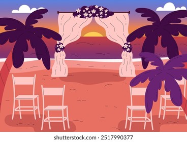 Wedding Venue. Vector illustration of a wedding arch with flowers set on the seashore with chairs for guests. Palm trees and sunset create the perfect ceremony venue. Flat style.