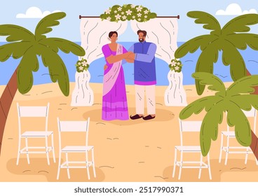 Wedding venue. Vector illustration with Indian bride and groom with wedding arch on the beach. The scene includes palm trees and seats for guests. Traditional wedding event. In flat cartoon style.