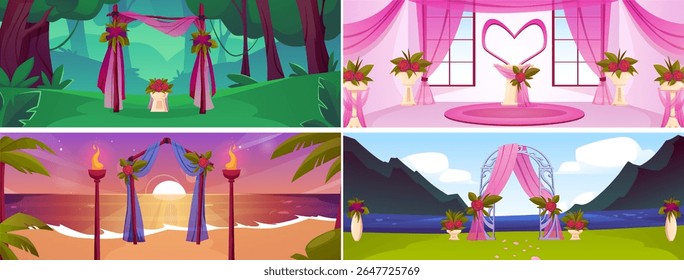 Ilustrações de vetor de local de casamento definidas. Cerimônia de casamento decorações na margem do lago e montanhas, praia paisagem pôr do sol, natureza da floresta, salão romântico. Altar de arco floral florescente com cortinas