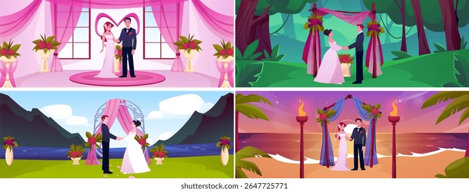 Ilustrações de vetor de local de casamento definidas. Cerimônia de casamento decorações na margem do lago e montanhas, praia paisagem pôr do sol, natureza da floresta, salão romântico. Casal recém-casado perto do altar com flores