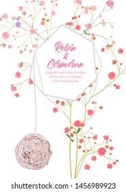 Wedding vertical geometrical frame: twigs pink gypsophile flowers, green leaves, wicker ball on white background. Digital draw template, botanical illustration in watercolor style, vintage, vector