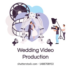 Wedding video production flat concept icon. Videography, photography and filmmaking sticker, clipart. Personal events celebration shooting. Isolated cartoon illustration on white background