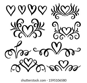 Wedding vignettes. Romantic vignettes. Vector collection of hand drawn borders in sketch style. Hearts and abstract dividers for your design. Sketch brush and ink.