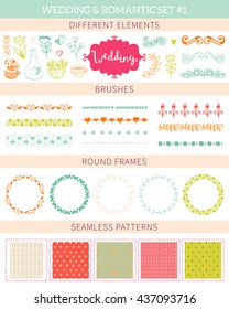Wedding vintage big collection. Romantic hand drawn vector floral set with different elements. 