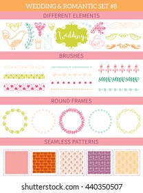Wedding vintage big collection. Romantic hand drawn vector floral set with different elements. 