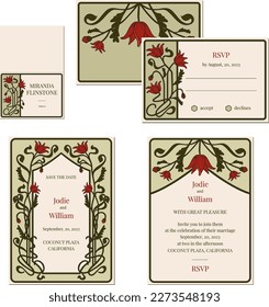 Wedding vintage cards art nouveau with vector floral botanical elements. Epoch 1920's 1930's and 1940's Gangster Era Invititation. Set of two wedding cards with envelope in retro style 