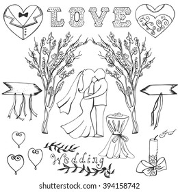 Wedding vintage elements big collection. Romantic hand drawn set with hearts, trees, bride and groom, candle, altar. Save the Date and invitation.