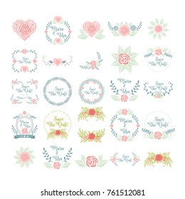 Wedding vintage elements big collection. Romantic hand drawn vector floral set with frames, flowers, leaves and ribbons. Save the Date and Invitation.