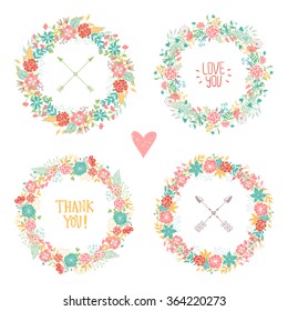 Wedding vintage elements collection. Romantic hand drawn vector floral set with frames, flowers, leaves 