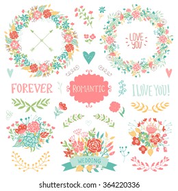 Wedding vintage elements collection. Romantic hand drawn vector floral set with frames, flowers, leaves and ribbons. 