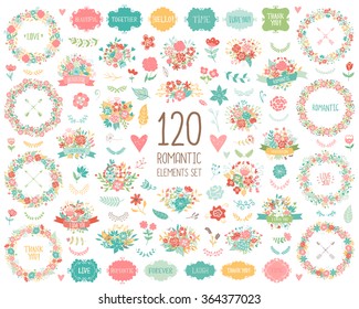 Wedding vintage elements collection. Romantic hand drawn vector floral set with frames, flowers, leaves and ribbons. Save the Date and Invitation.