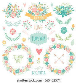 Wedding vintage elements collection. Romantic hand drawn vector floral set with frames, flowers, leaves and ribbons. 