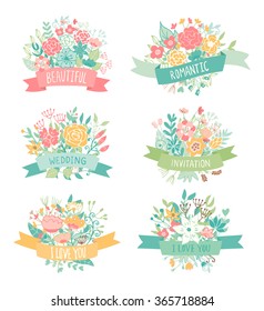Wedding vintage elements collection. Romantic hand drawn vector floral set with frames, flowers, leaves and ribbons. 