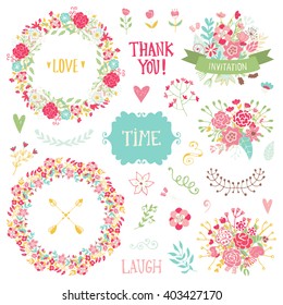 Wedding vintage elements collection. Romantic hand drawn vector floral set with frames, flowers, leaves and ribbons.