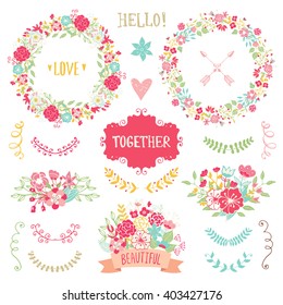 Wedding vintage elements collection. Romantic hand drawn vector floral set with frames, flowers, leaves and ribbons.