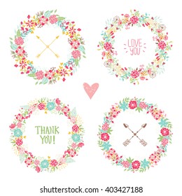 Wedding vintage elements collection. Romantic hand drawn vector floral set with frames, flowers, leaves and ribbons.