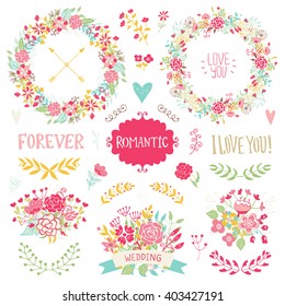 Wedding vintage elements collection. Romantic hand drawn vector floral set with frames, flowers, leaves and ribbons.