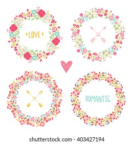 Wedding vintage elements collection. Romantic hand drawn vector floral set with frames, flowers, leaves and ribbons.