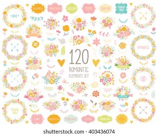Wedding vintage elements collection. Romantic hand drawn vector floral set with frames, flowers, leaves and ribbons.Save the Date and Invitation.