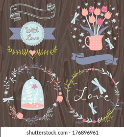 Wedding Vintage Floral Invitation Collection in vector. For design or scrapbook. On wood background