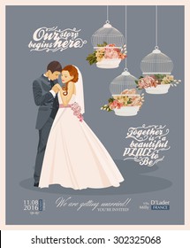 Wedding vintage invitation card template vector with bride and groom