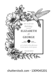 Wedding vintage invitation with garden flowers, hummingbirds. Greeting card template. Vector botanical illustration.