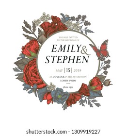 Wedding vintage invitation with garden flowers, a butterfly. Greeting card template. Vector botanical illustration.