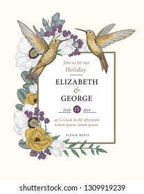 Wedding vintage invitation with garden flowers, hummingbirds. Greeting card template. Vector botanical illustration.