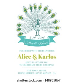 Wedding Vintage Invitation - Peacock Theme - for design, scrapbook - in vector