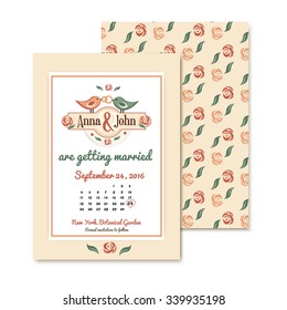 wedding vintage invitation in retro design with the names of the bride and groom. vector illustration with wedding rings and rose pattern.
