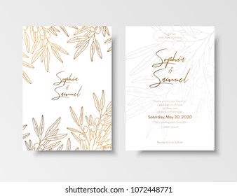 Wedding vintage invitation, save the date card with golden berries and branches sea buckthorn. Elegant gold botanical plant.Gold card template for save the date, invite, greeting card, place for text