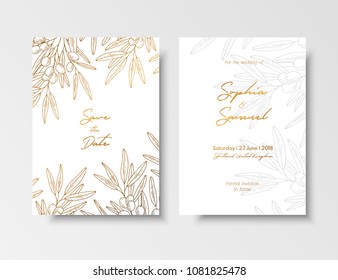 Wedding vintage invitation, save the date card with golden berries and branches sea buckthorn. Elegant gold botanical plant.Gold card template for save the date, invite, greeting card, place for text