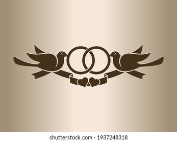 Wedding vintage logo with two doves. Two birds with wedding rings. Vector illustration.