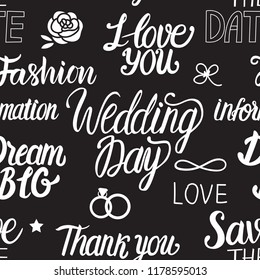 Wedding in a vintage Parisian style fashion. Seamless pattern with lettering inscription on black background